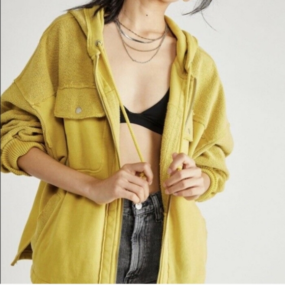 Free People Britney Cardi Hooded Jacket Sweatshirt Zip Front Citron Yellow Green - Picture 14 of 15